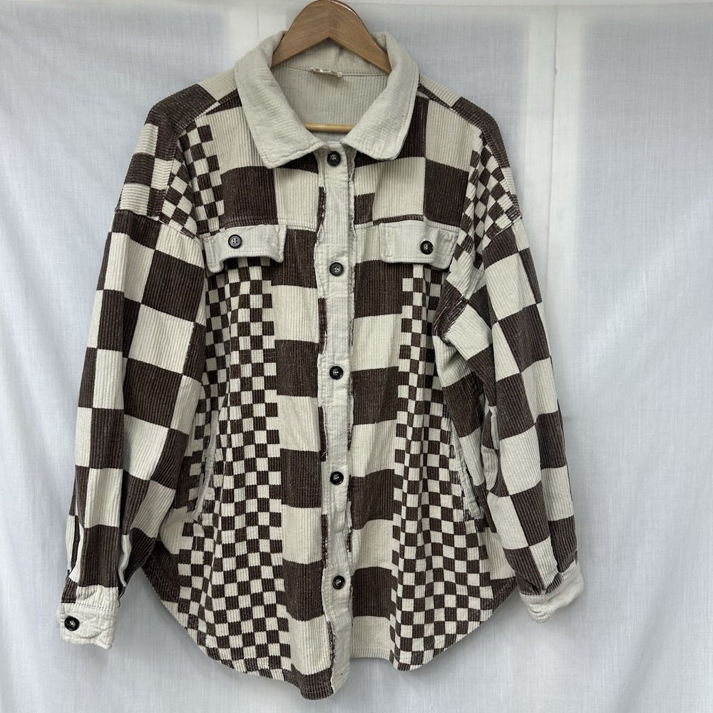 BiBi Women's Small Checkered Button Down Corduroy Shacket Jacket Oversized Shag